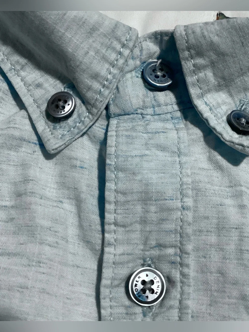 Denim & Flower Men’s Shirt, Short Sleeve Blue Ticking Stripe Cotton Blend Size S